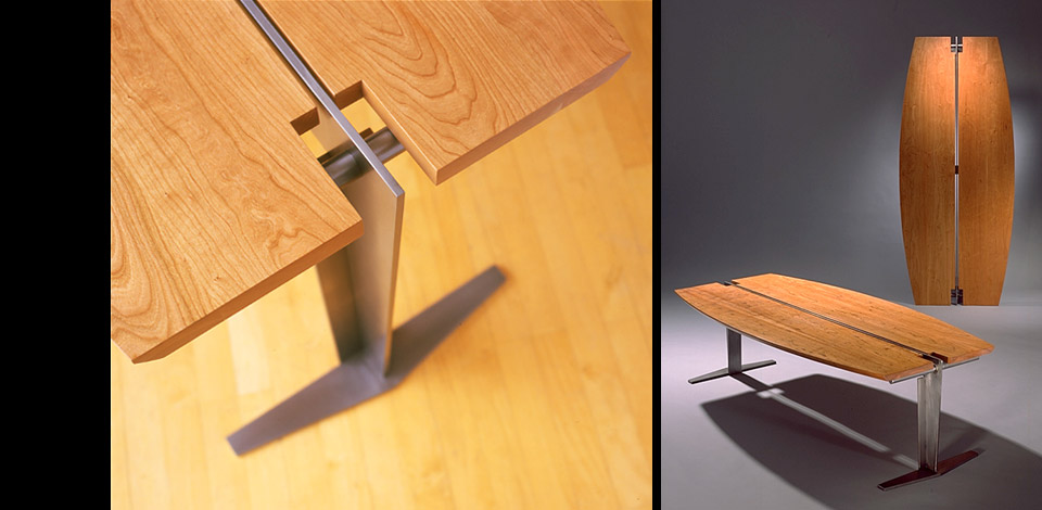 <p>Surf Table</p><p>1996</p><p>Originally design as a Japanese dining table for seating on the floor. Custom made in many lengths and various solid hardwoods. It was also scaled up to make a desk for a client in Hawaii, as shown in the photo on the left.</p><p>Shown here in solid cherry with cold rolled steel plate structure.<p>Height 15'' Width 27'' Length 5'-6''</p>